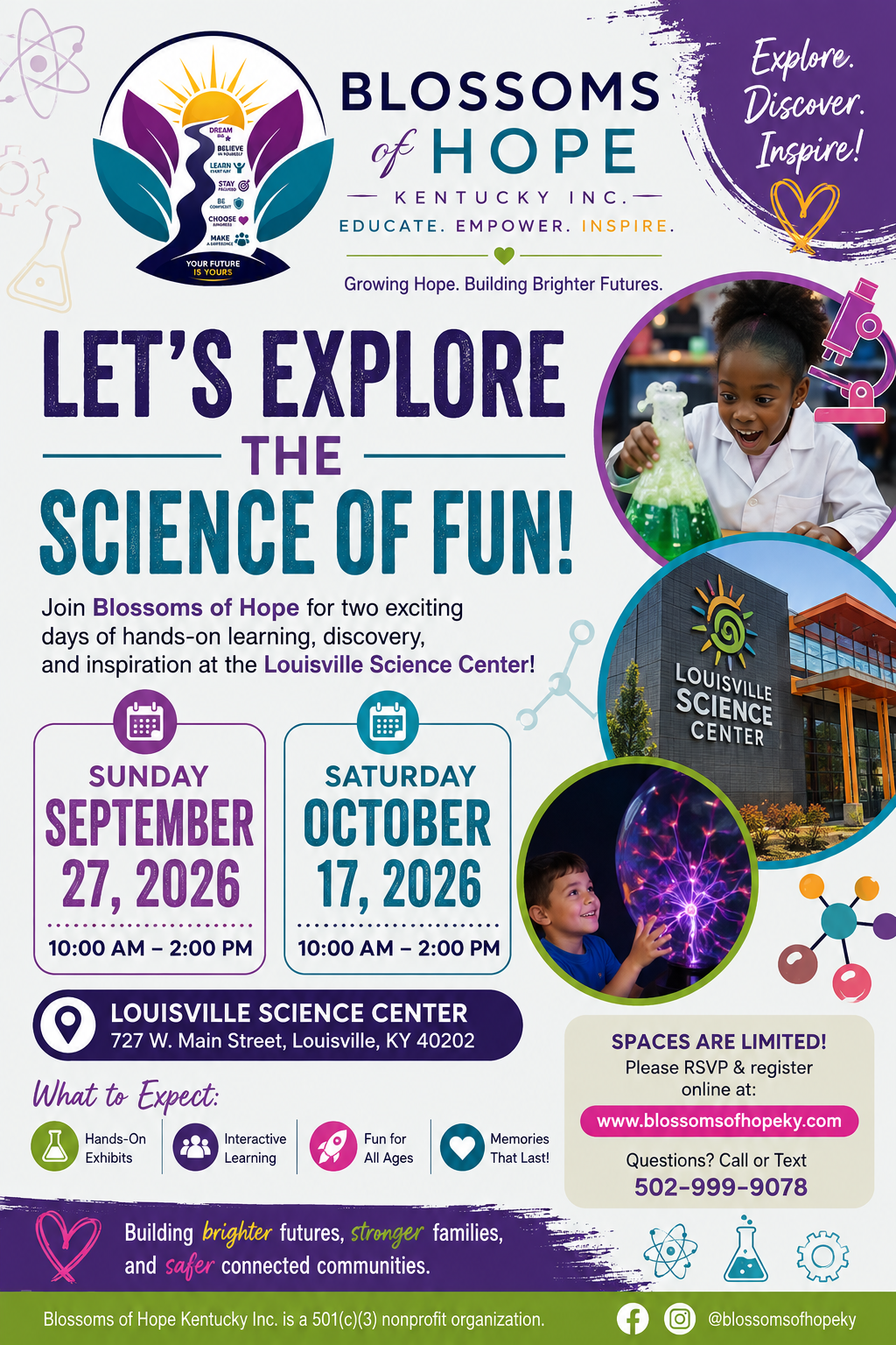 Let's Explore the Science of Fun flyer — Blossoms of Hope Kentucky at the Louisville Science Center on September 27 and October 17, 2026