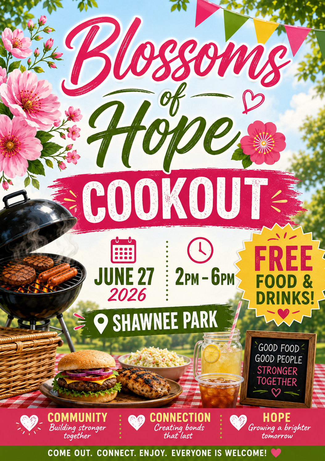 Blossoms of Hope Cookout flyer for June 27, 2026 at Shawnee Park