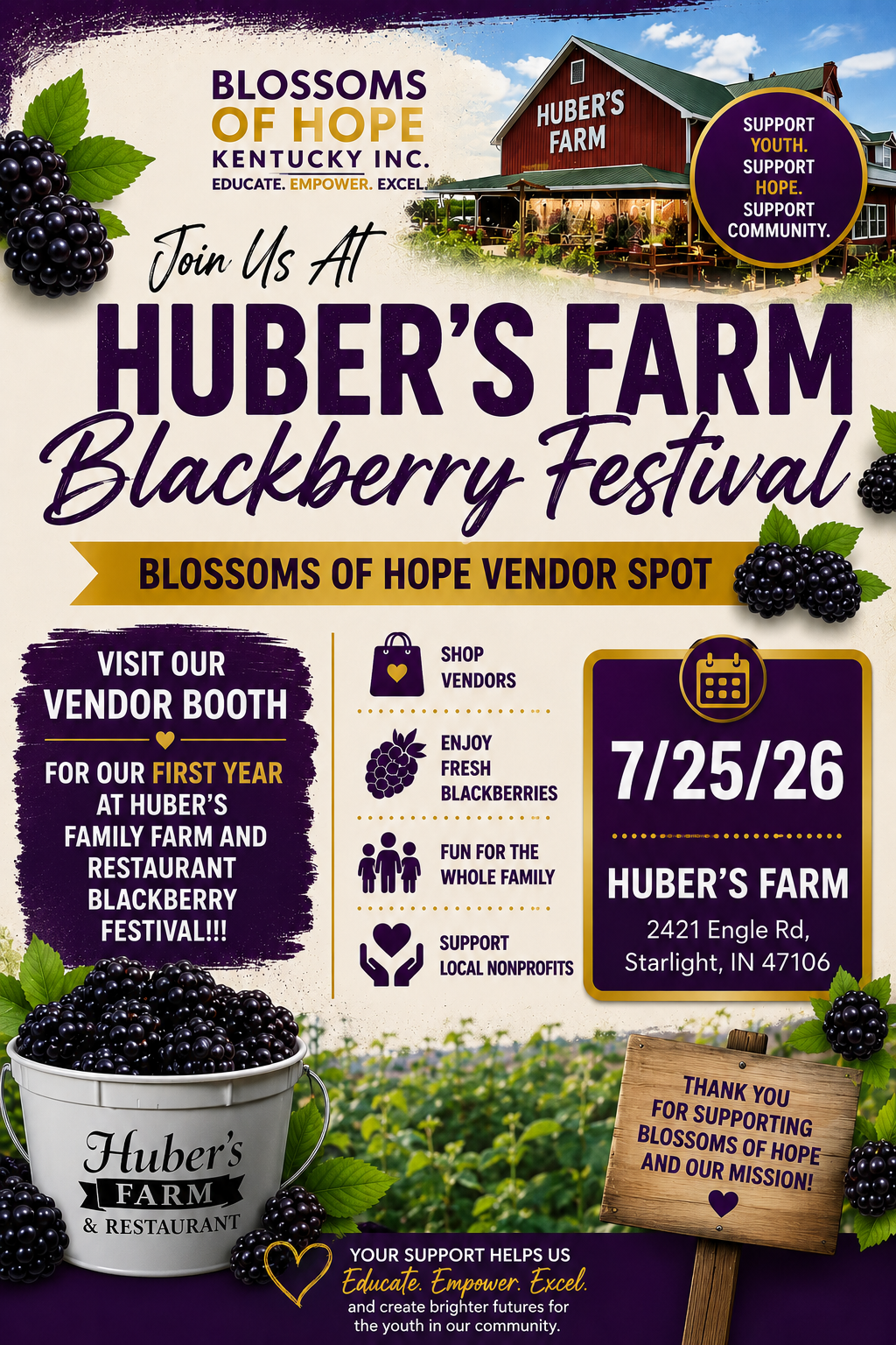 Huber's Farm Blackberry Festival vendor spot flyer for July 25, 2026