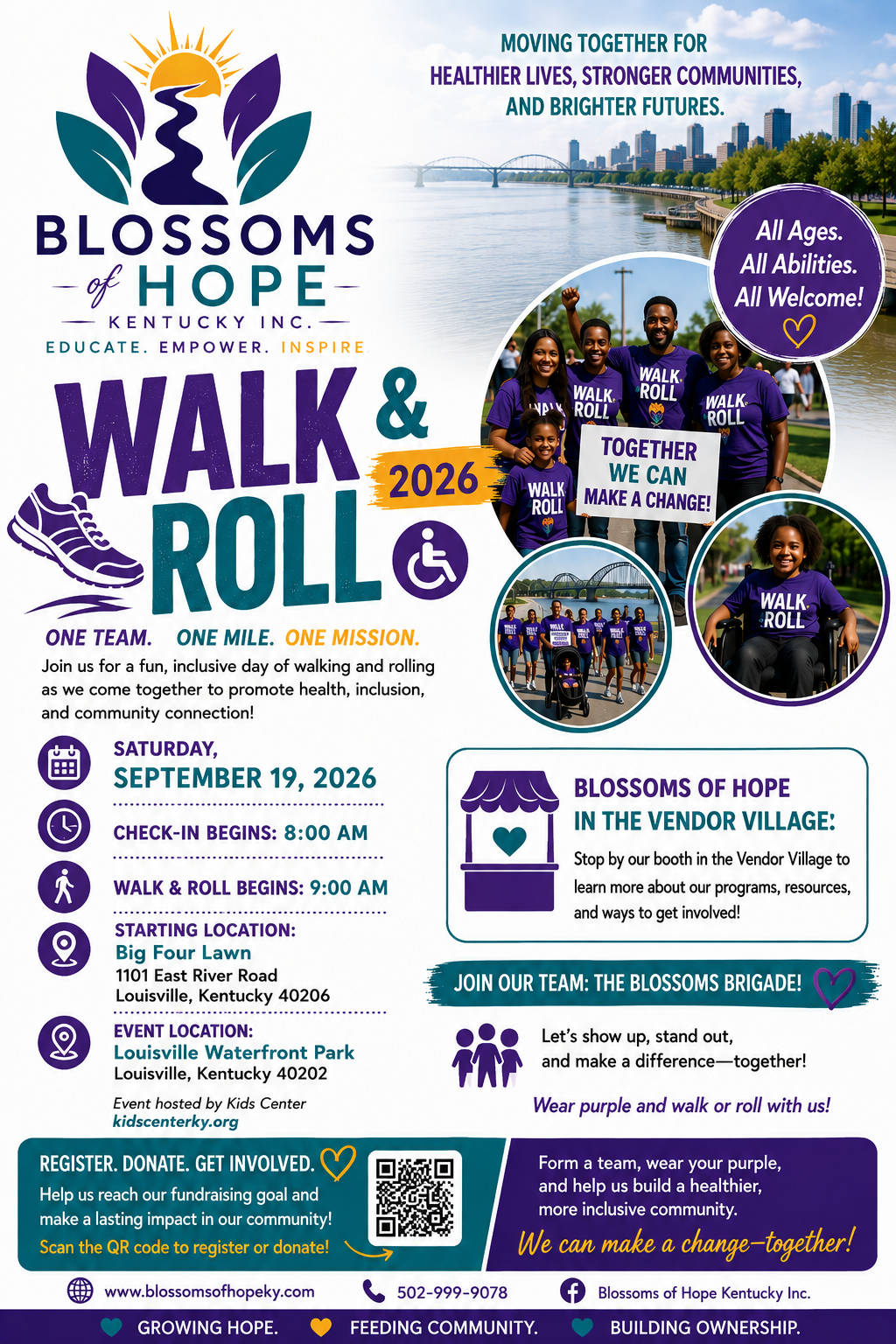 Walk & Roll 2026 flyer — Blossoms of Hope Kentucky at Louisville Waterfront Park on Saturday, September 19, 2026