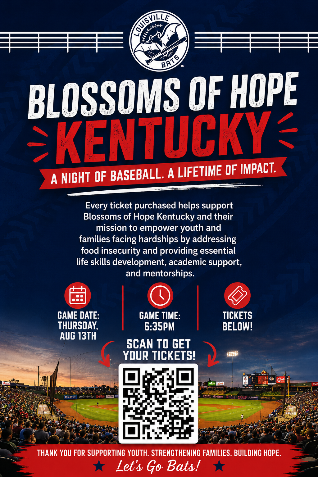 Blossoms of Hope Kentucky Family Night with the Louisville Bats flyer for August 13, 2026