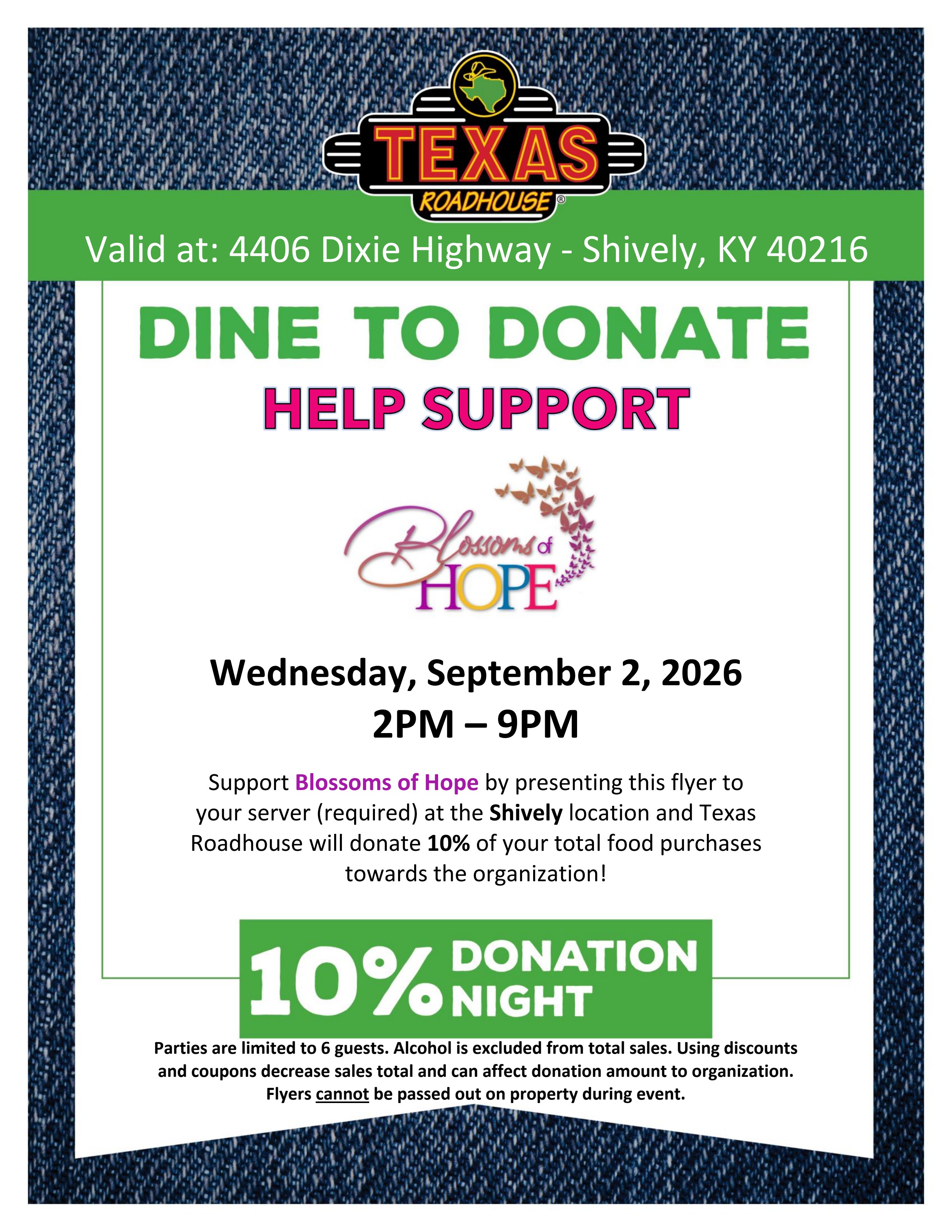 Texas Roadhouse Dine to Donate flyer for September 2, 2026 supporting Blossoms of Hope