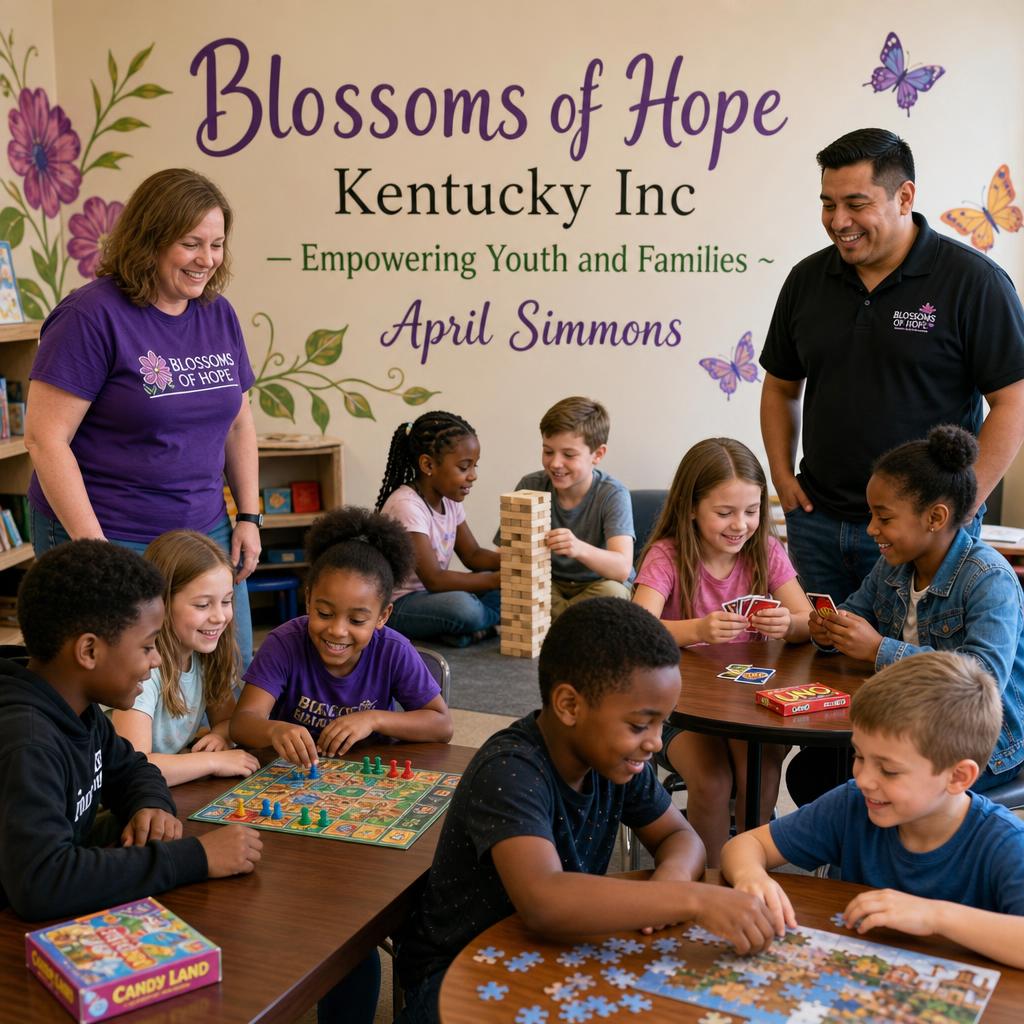 Children playing games together with mentors under a Blossoms of Hope Kentucky Inc wall mural