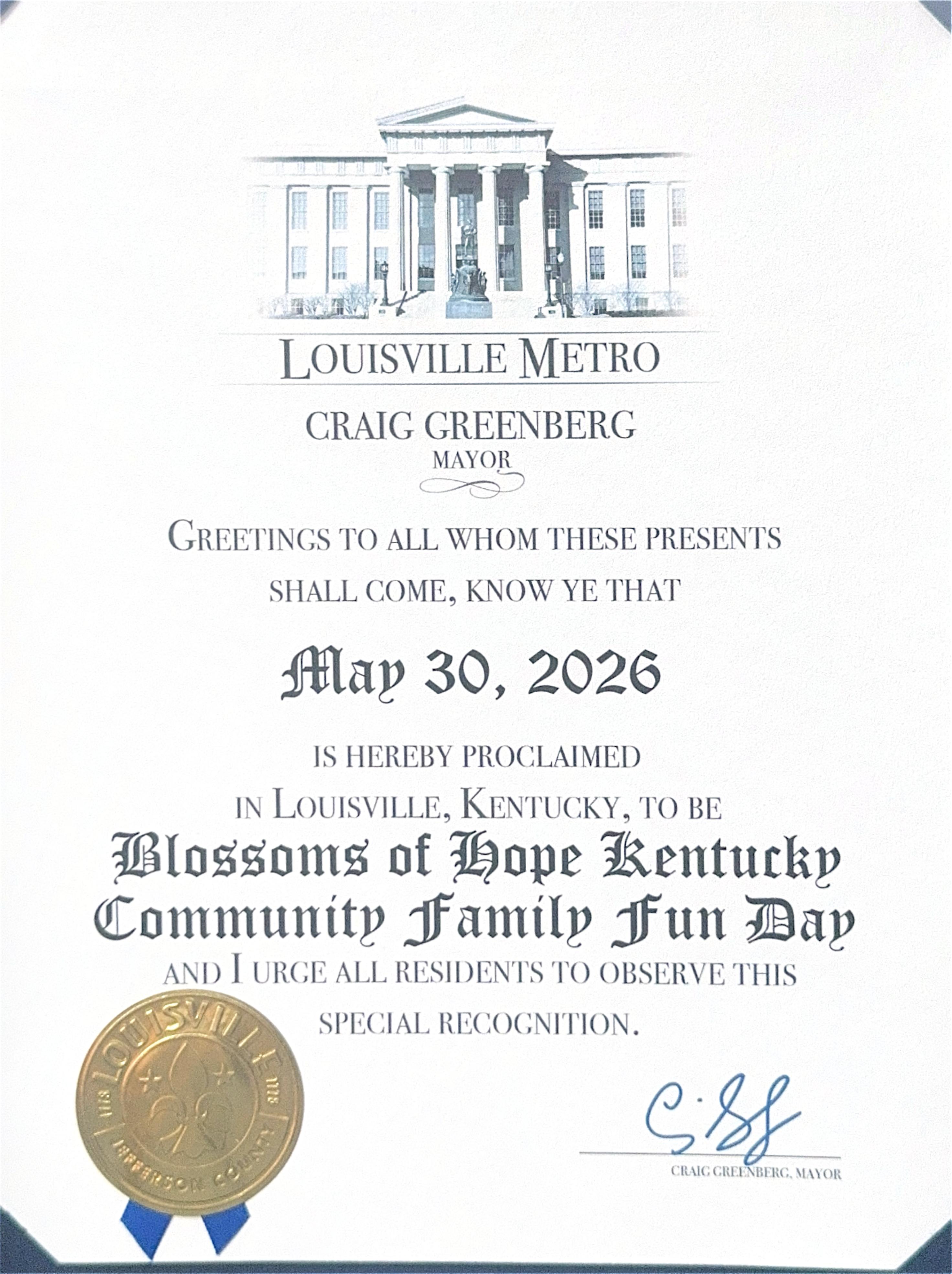 Louisville Metro Mayoral Proclamation for Blossoms of Hope Kentucky Community Family Fun Day
